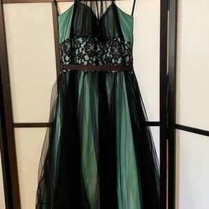 Mid Length Green/Blue with Black Mesh Overlay, Halter Top Prom Evening Dress